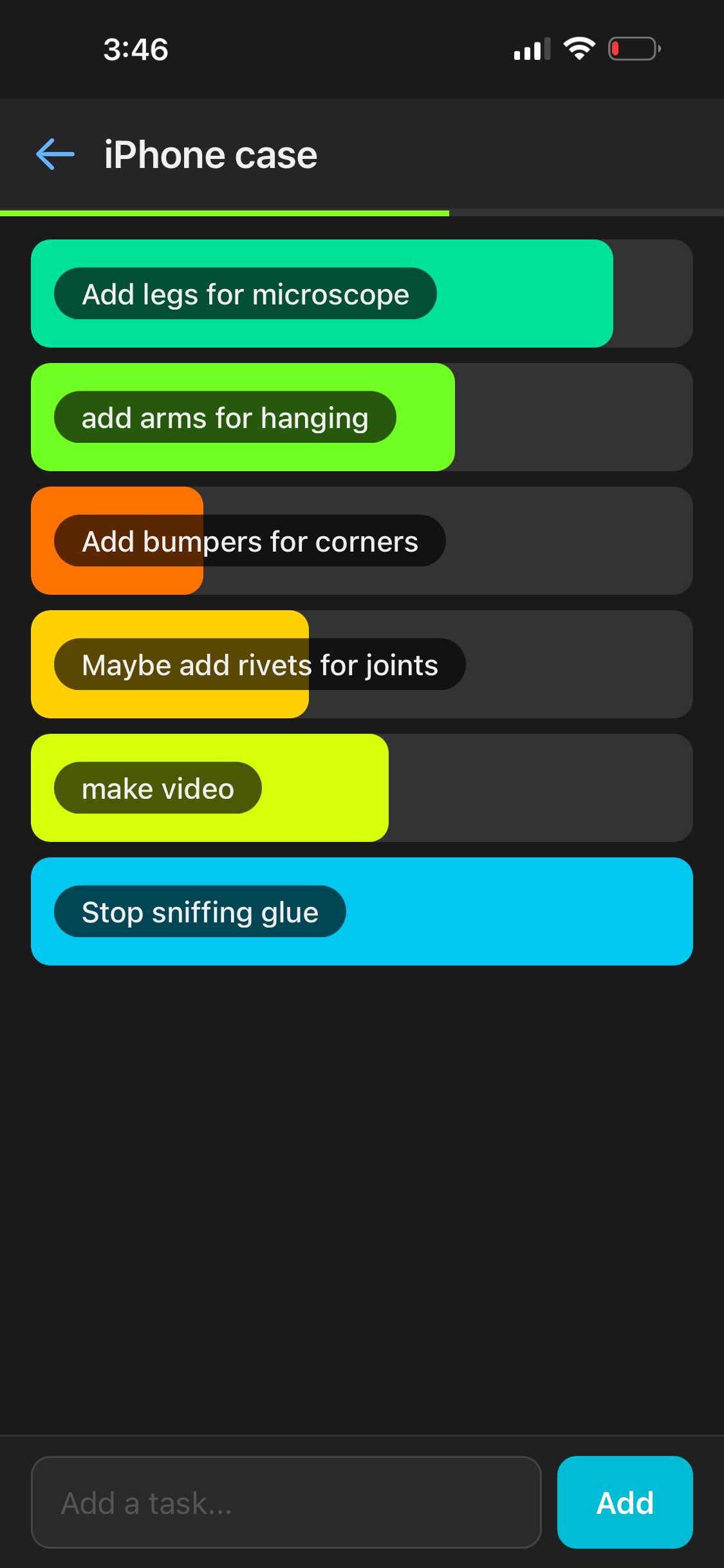 PowerUp app showing nested tasks with colorful progress bars